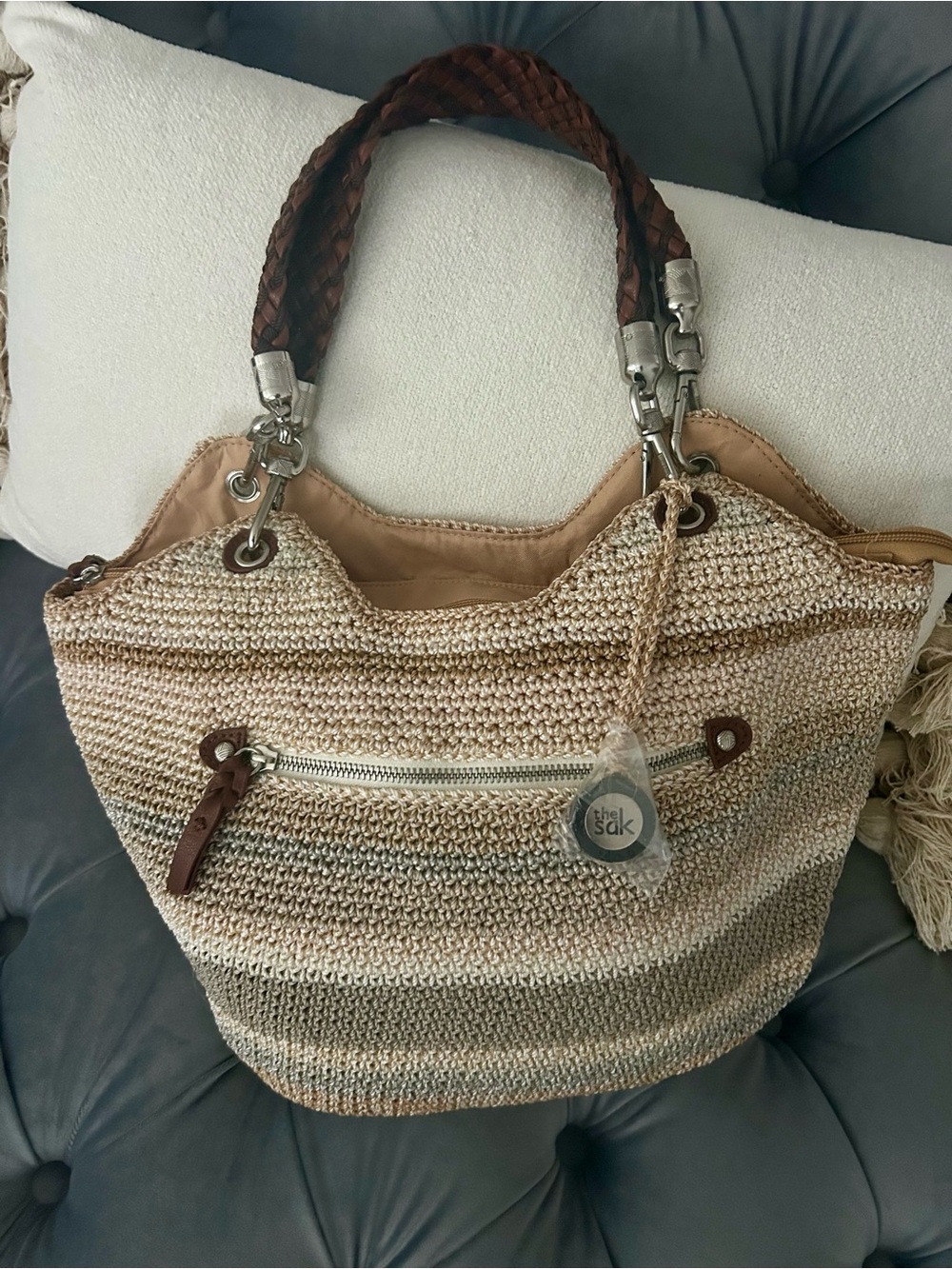 The Sak NEW!!!! Indio Crochet Satchel, Sand Stripe NWOT!!!!! - Picture 4 of 9